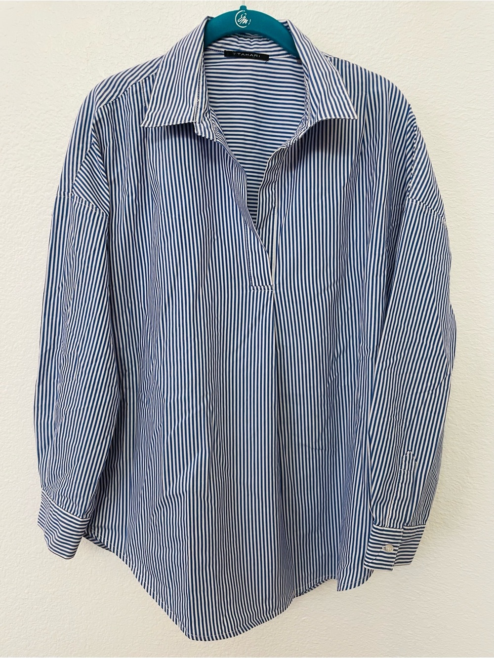 Tahari Navy and White Stripe Button-Down Shirt
